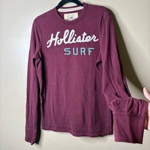 Hollister Surf Long Sleeve Shirt Mens Size M Burgundy Casual Top Y2K